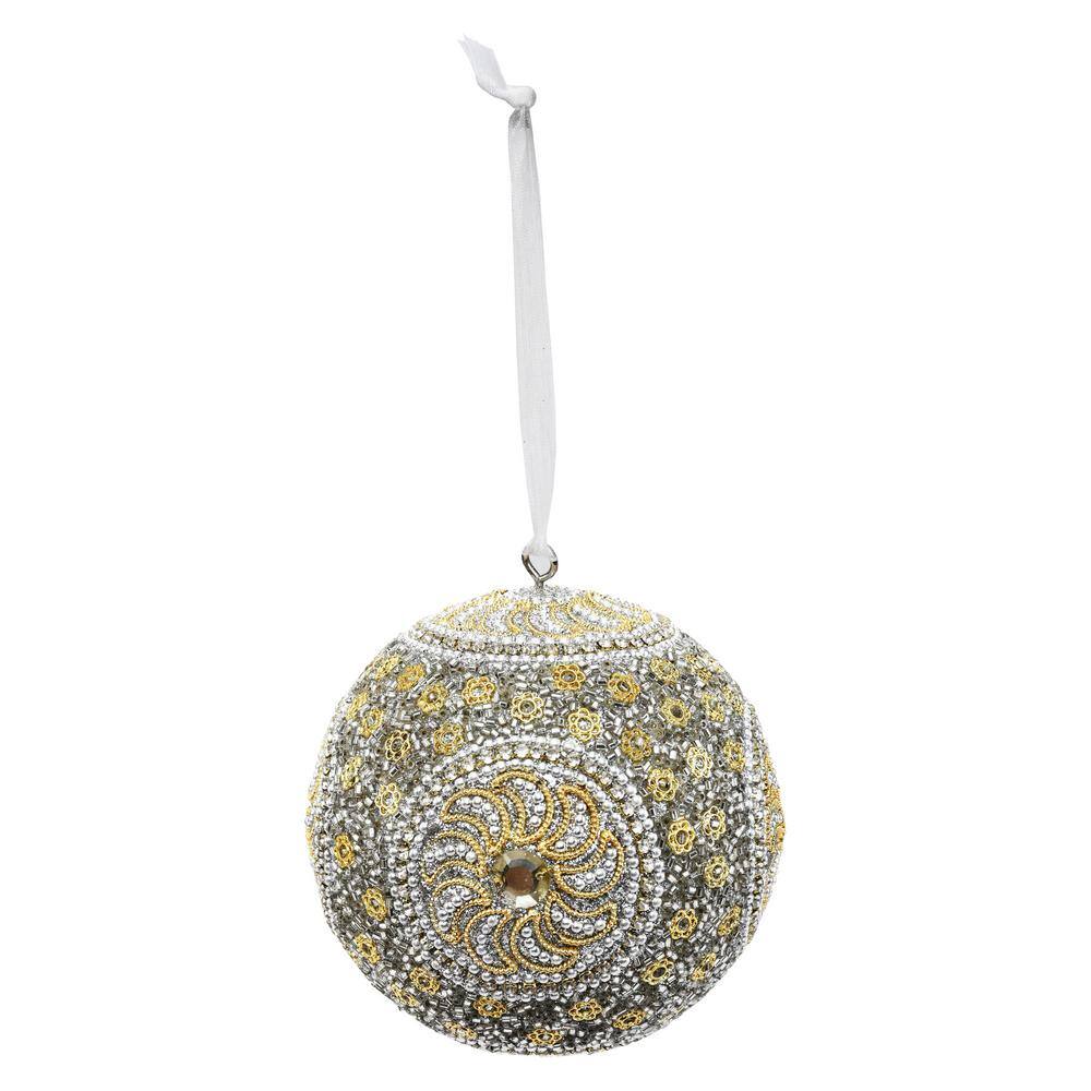Moon SIlver and Gold Glistening Crystal Flower Handcrafted Globe Christmas 