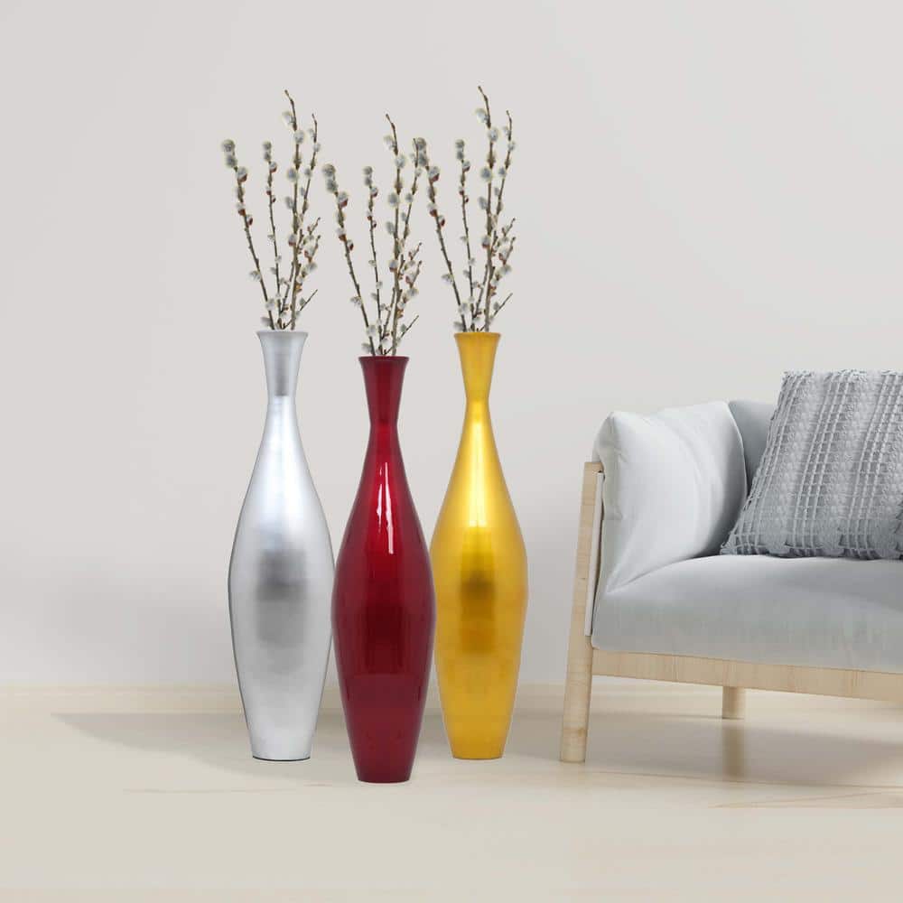 Tall Silver, Red, and Gold Bamboo Floor Vase Set