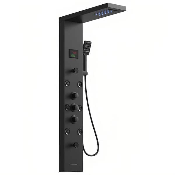 8-Jet Stainless Steel Shower Tower with LED Light Temperature Display, Rainfall/Waterfall Shower Head in Matte Black