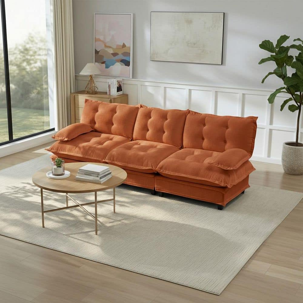 PREM 107.8 in. Pillow Top Arm Chenille Cloud Couch 3-Seat Deep Seat Modular Sectional Sofa in Cinnamon Orange