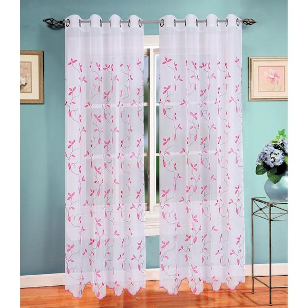 Window Elements Sheer Birch Leaf Embroidered Sheer 54 in. W x 84 in. L Grommet Extra Wide Curtain Panel in Fuchsia/Magenta
