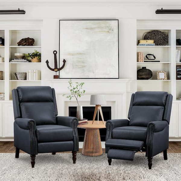 30 in. Midnight Blue Modern Genuine Leather Recliner Chair Nailhead Trim Push Back Recliner with Footrest (2-pack)