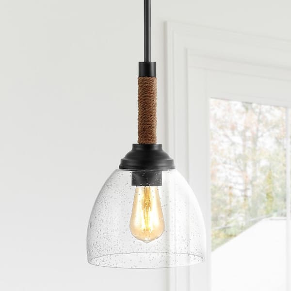 JONATHAN Y Alys 7.63 in. Black Adjustable Iron Rope-Wrap Modern Rustic Iron/Glass LED Kitchen Pendant