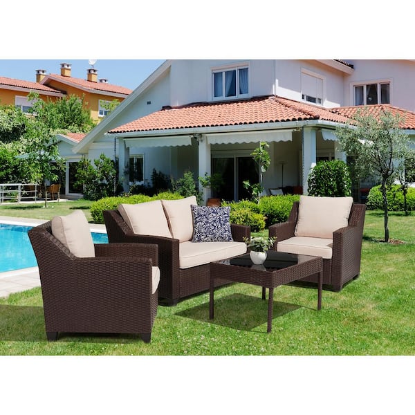 Unbranded Caoimhe Espresso 4-Piece Resin Wicker Conversation Set with Cushion