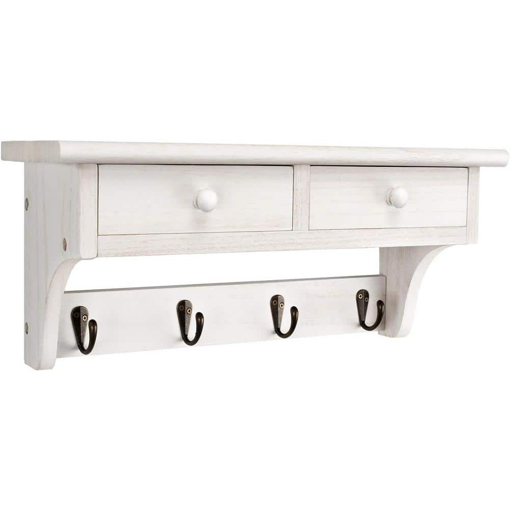 17 in. W x 5.9 in. D White Decorative Wall Shelf, Coat Hooks Wall Mounted