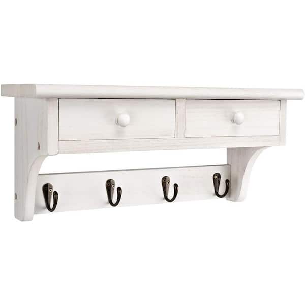 Cubilan 17 in. W x 5.9 in. D White Decorative Wall Shelf, Coat Hooks Wall Mounted
