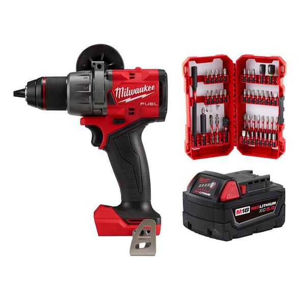 M18 FUEL 18V Lith-Ion Brushless Cordless 1/2 in. Hammer Drill/Driver w/ 5.0 Ah Battery & Screwdriver Bit Set