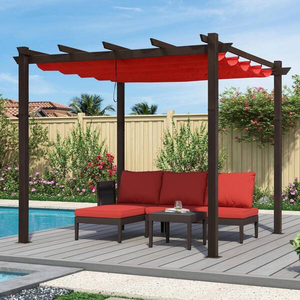 PURPLE LEAF 10 ft. x 10 ft. Bronze Aluminum Frame Outdoor Patio Pergola Gazebo with Red Retractable Sun Shade Canopy for Beach