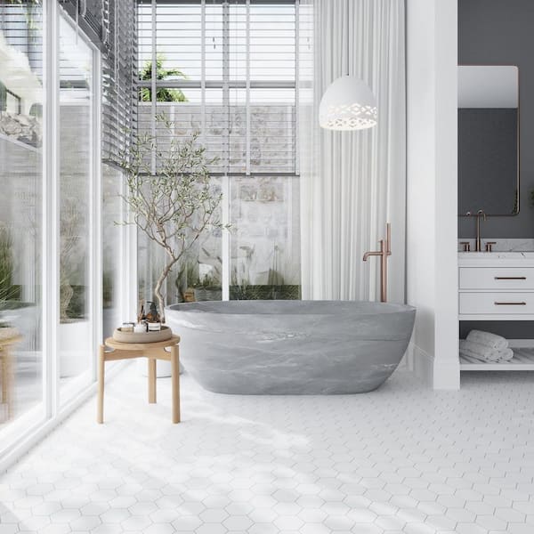 Nubes 4 in. x 5 in. Honed Pearl White Marble Mosaic Hexagon Wall and Floor Tile Sample
