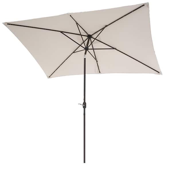 Unbranded 6.5 ft. x 10 ft. Steel Market Patio Umbrellas with Solar Lights and Tilt Button Umbrella in Beige