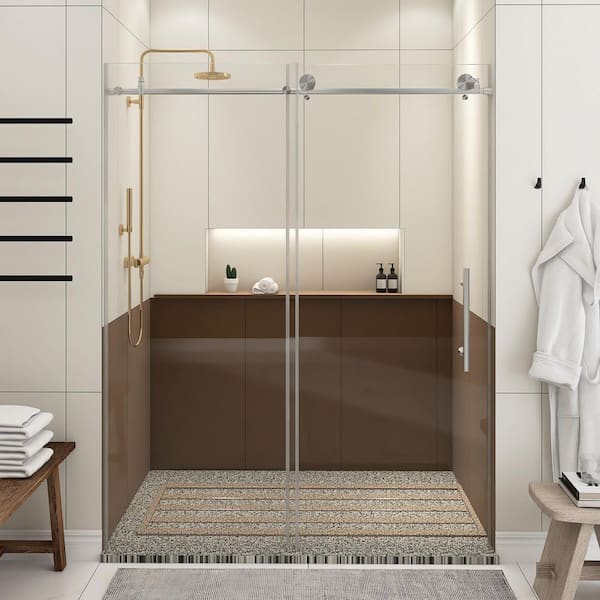 60 in. W x 76 in. H Sliding Frameless Shower Door in Brushed Nickel Finish with Clear Tempered Glass