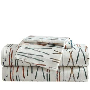 Ski Line 4-Piece White Cotton Flannel Full Sheet Set