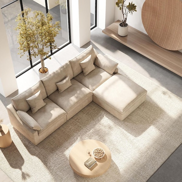 119 in. Square Arm Linen 4-Piece Oversized L-Shaped Cloud Modular Sectional Sofa with Ottoman, Washable Covers in Khaki