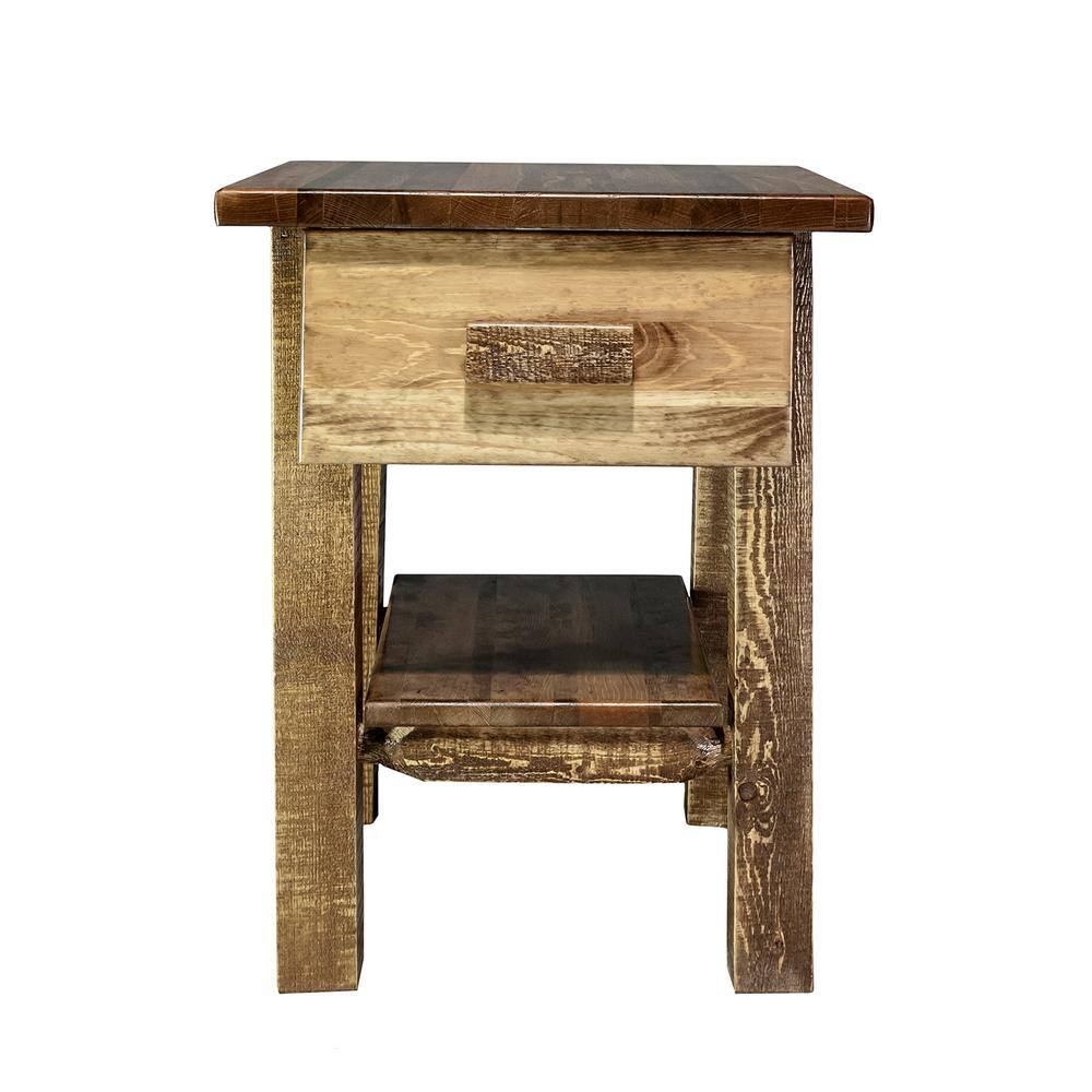 Rustic Pine Wood Nightstand with Drawer and Shelf