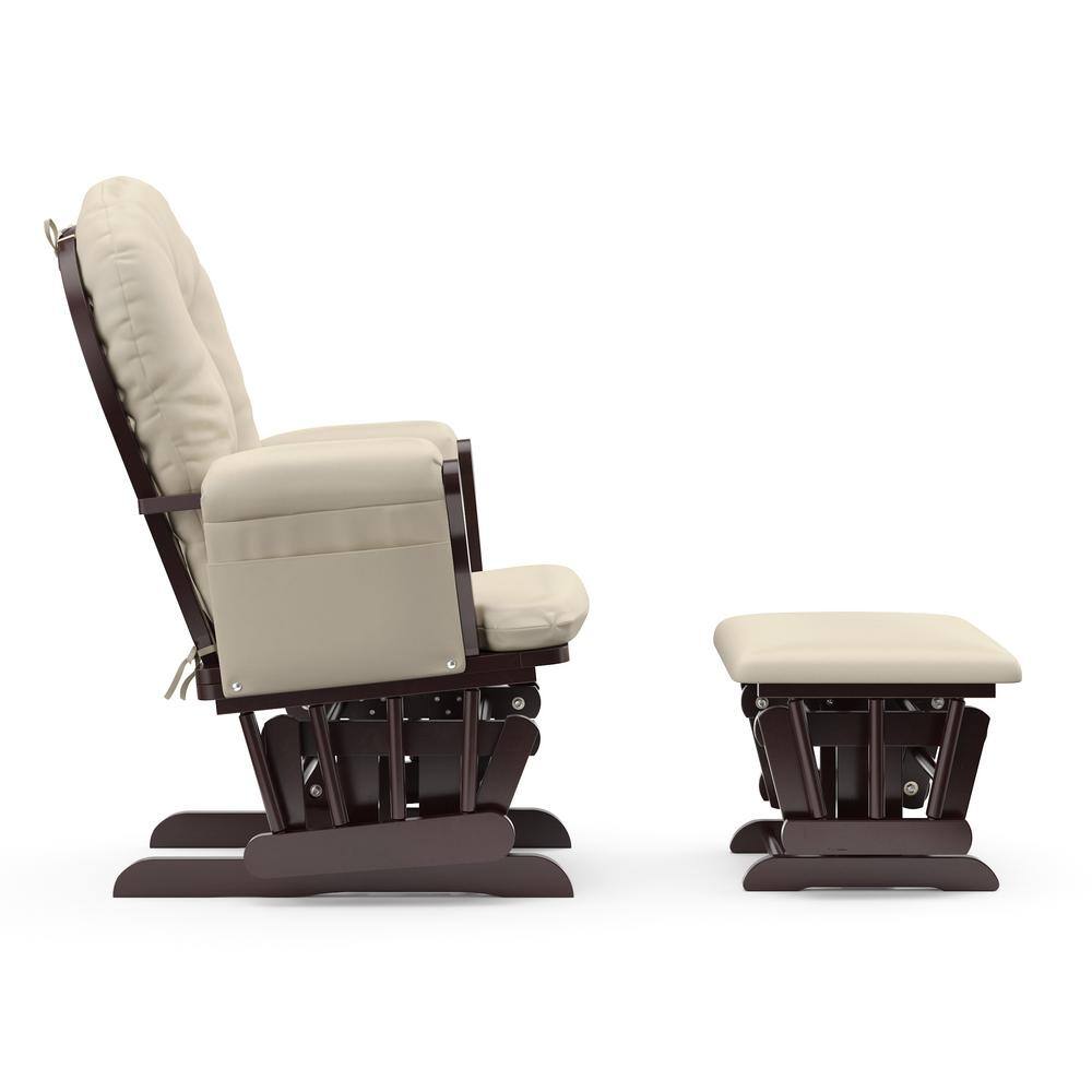 Espresso Wood Glider Chair and Ottoman with Beige Cushions