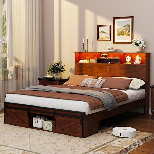Brown Steel Frame Queen Panel Bed with Storage Shelves, Panel Platform Bed with Charging Station, Footboard Drawer