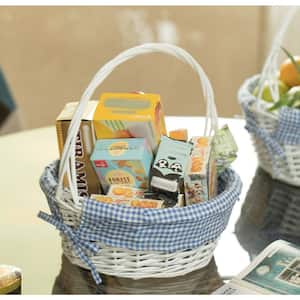 White Round Willow Gift Basket, with Blue Gingham Liner and Handle- Medium