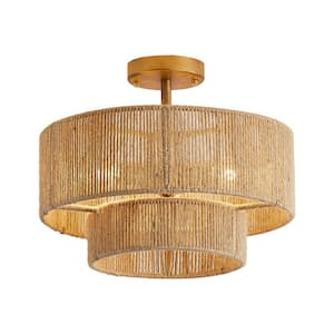 15.4 in. 3-Light Bohemian Antique Gold 2-Tier Drum Semi- Flush Mount with Natural Jute Rope Shade