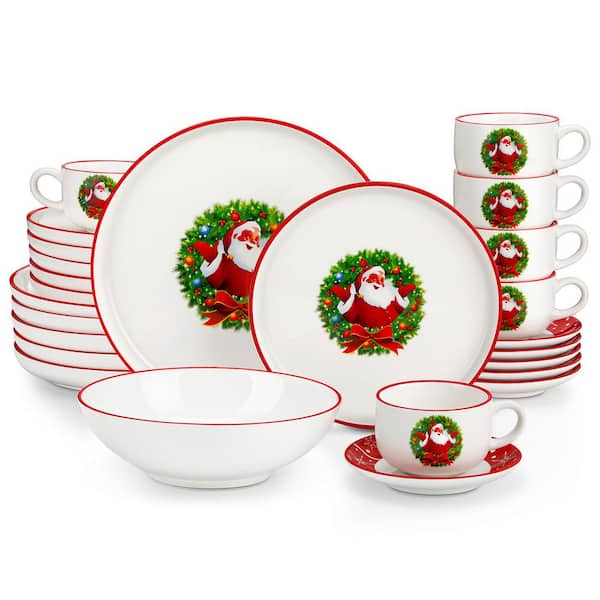 30-Piece White Porcelain Christmas Dinnerware Set (Service for 6) Santa Claus Plates Soup Bowls Cups Saucers Dining Set