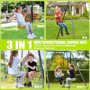 Indoor/Outdoor Playset Heavy-Duty Metal 3-in-1 Kids Swing Sets with 2 Swings and 1 Glider Sets for Age 3 plus
