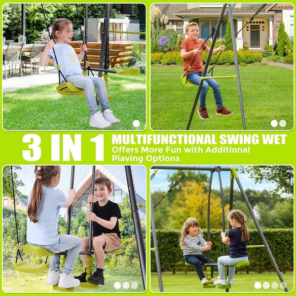 Indoor/Outdoor Playset Heavy-Duty Metal 3-in-1 Kids Swing Sets with 2 Swings and 1 Glider Sets for Age 3 plus