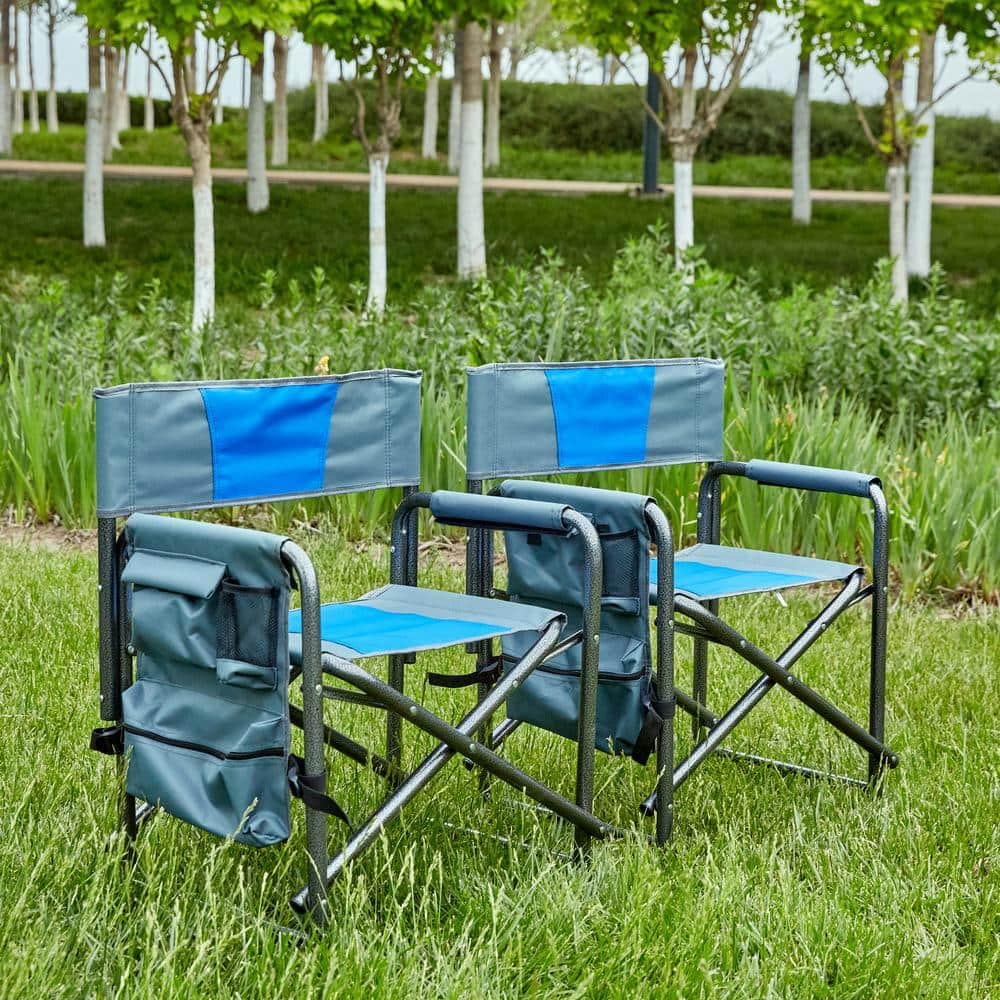  2-Piece Padded Folding Outdoor Chair with Storage Pockets, for Camping, Picnic Garden Yard Blue/Grey