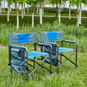 2-Piece Padded Folding Outdoor Chair with Storage Pockets, for Camping, Picnic Garden Yard Blue/Grey