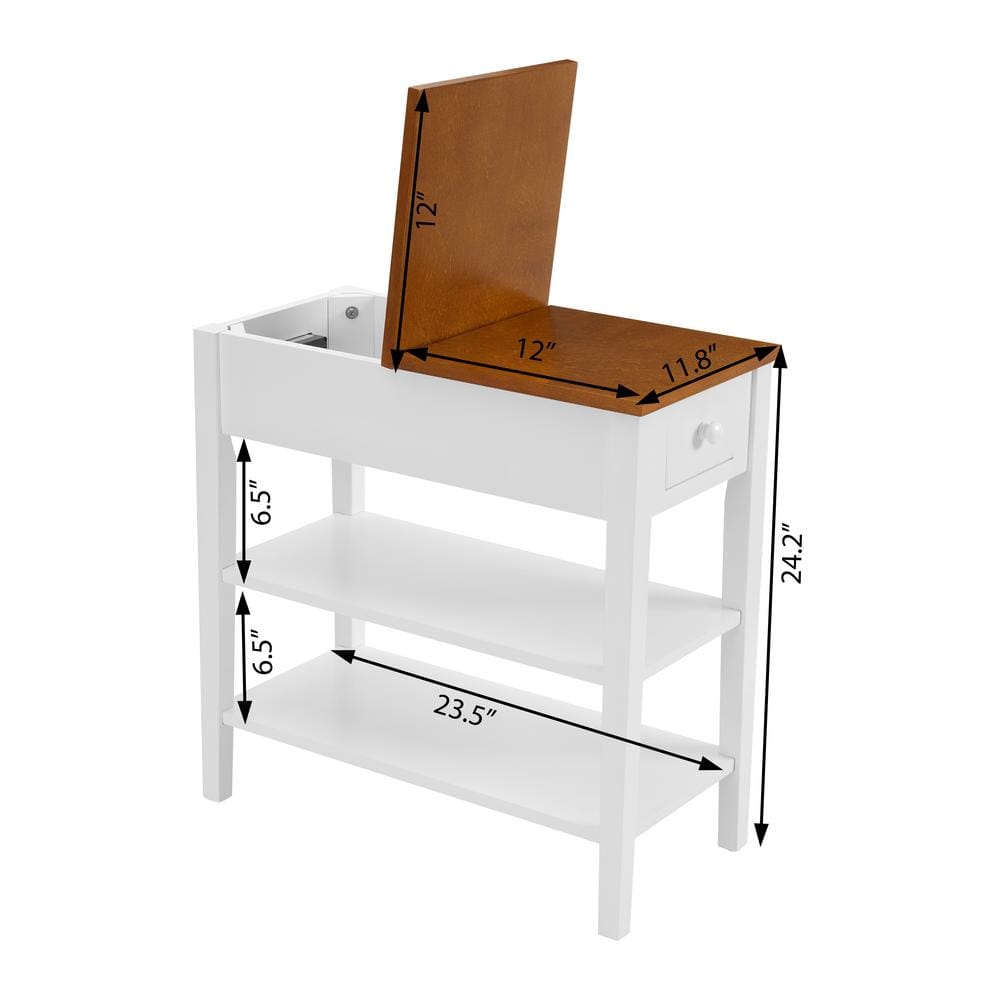 Narrow White and Brown Wood End Table with USB Ports