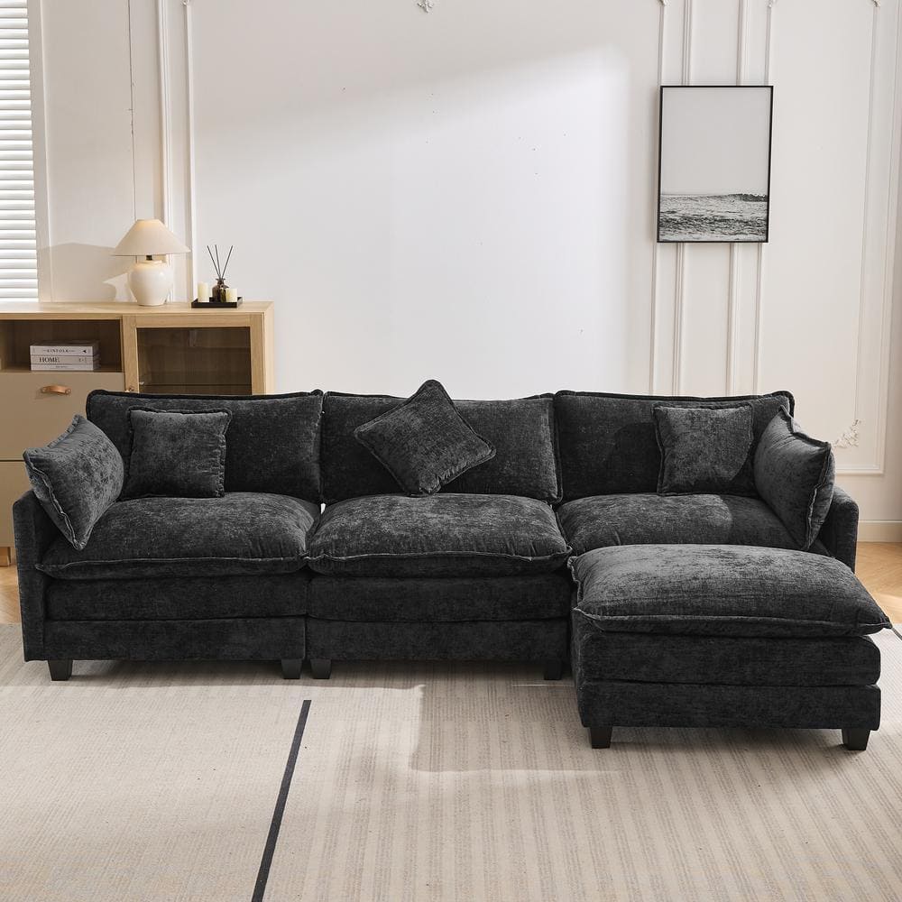 112.2 in. W L-Shaped Chenille Modern Luxury Upholstered Sectional Sofa in Black with Ottoman and 5-Pillows -  Harper & Bright Designs, CJ057AAB