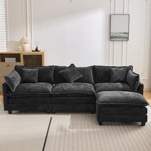 112.2 in. W L-Shaped Chenille Modern Luxury Upholstered Sectional Sofa in Black with Ottoman and 5-Pillows