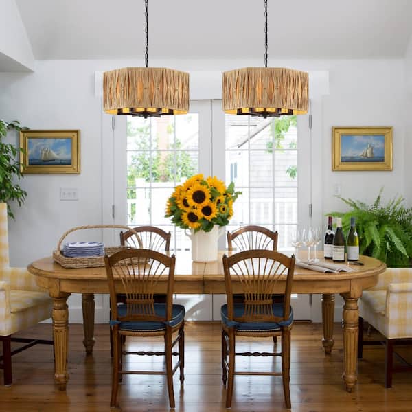 6 light Black Boho Hand Woven Rattan Drum Chandelier With Wicker Shade Coastal for Kitchen Island with no bulbs included
