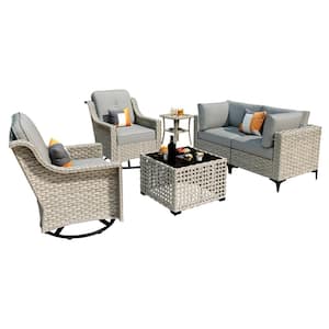 Thor 6-Piece Wicker Patio Conversation Seating Sofa Set with Dark Gray Cushions and Swivel Rocking Chairs