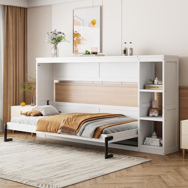 Qualler White Wood Frame Twin Size Murphy Bed with Bookshelf
