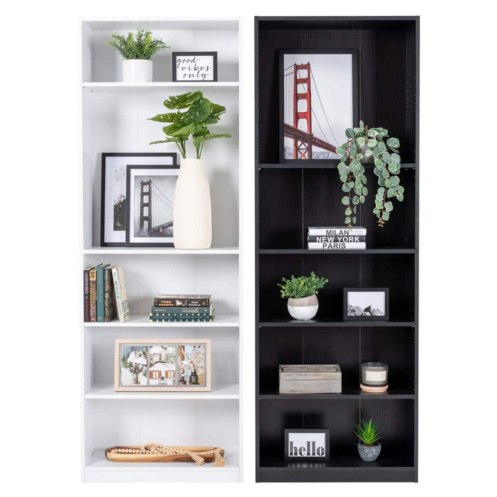 White Adjustable 5-Tier Wooden Bookshelf