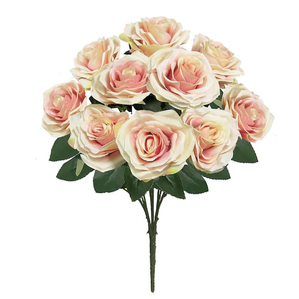 LIVING LUXURY 18 in. Ivory Pink Artificial Queen Rose Flower Stem Bush Bouquet (Set of 2)