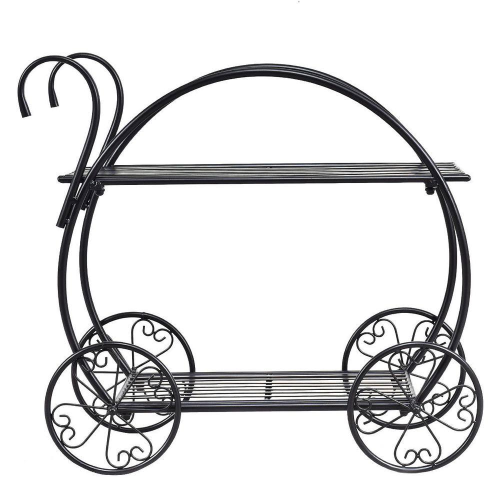 Black Steel Two-Tiered Indoor/Outdoor Plant Stand with Decorative Wheels