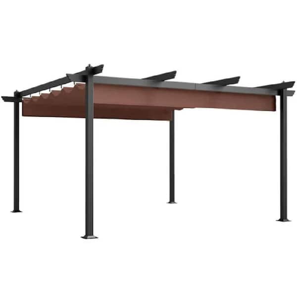 12 ft. x 12 ft. Brown Portable Gazebo, Retractable Pergola with Weather Resistant Canopy, Aluminum Patio Grill Gazebo