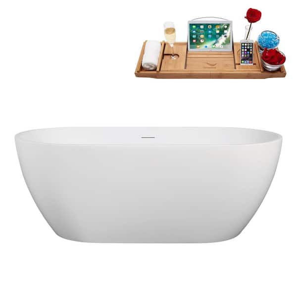 Streamline 61 in. x 30 in. Acrylic Freestanding Soaking Bathtub in Glossy White With Matte Oil Rubbed Bronze Drain, Bamboo Tray