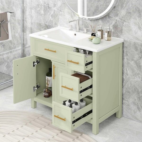 36 in. Single Sink Freestanding Green Bath Vanity with White Ceramic Sink Top, Solid Wood