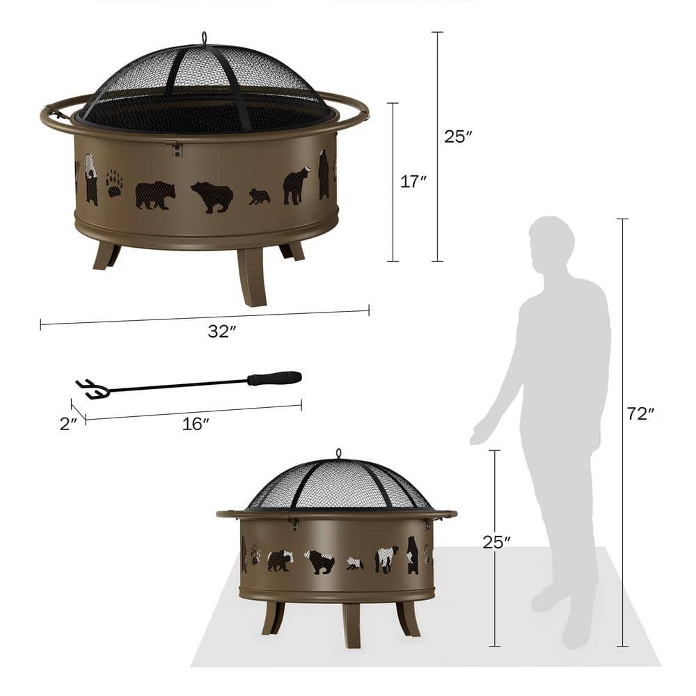 32-Inch Antique Gold Steel Wood Burning Fire Pit with Bear Cutouts