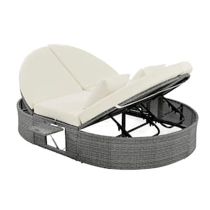 Wicker Outdoor Day Bed with Machine-washable Cushion Adjustable Backrest and Foldable Cup Trays 2-Person Sun Bed Beige