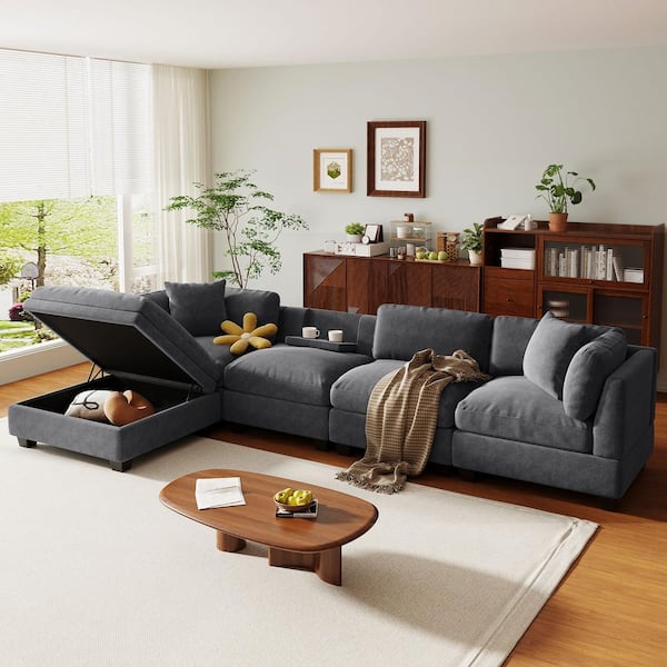 J&E Home 128.7 in. W Flared Arm 5-Piece Polyester L-Shaped Sofa with Ottoman in Gray