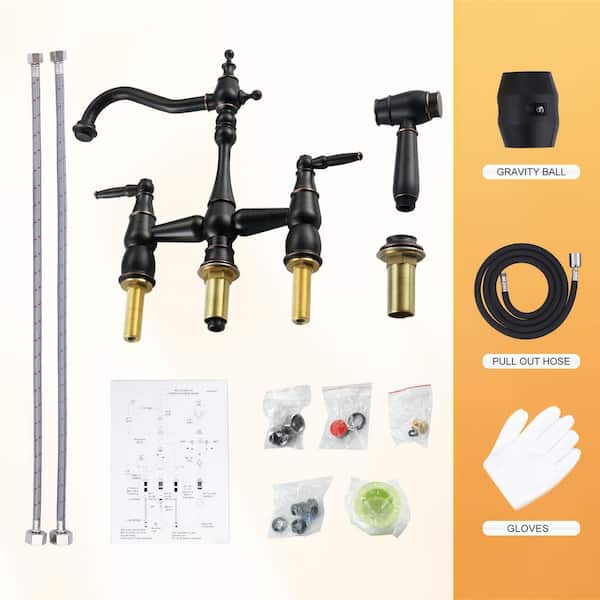 WOWOW 4 Hole Double Handle Bridge Kitchen Faucet with Side Sprayer