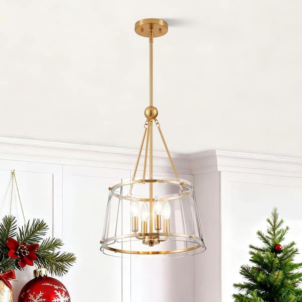 4 Light Brushed Gold Shaded Pendant Light with Clear Glass Shade