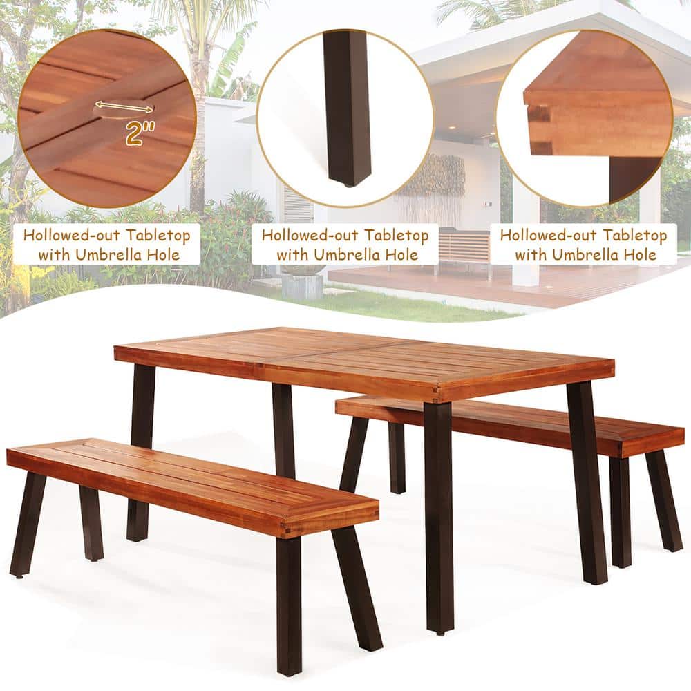 Acacia Wood and Steel 3-Piece Outdoor Picnic Table Set