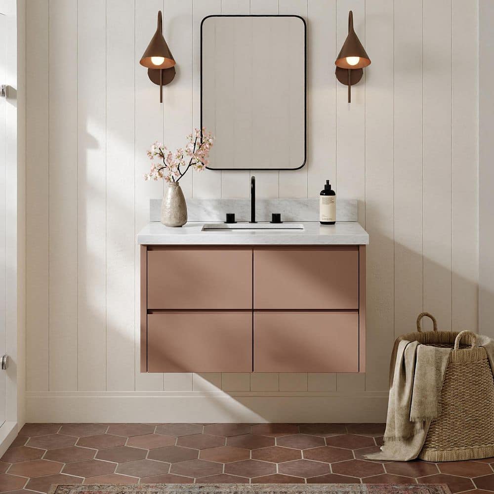 West 36 in. Single Sink Wall-Mounted Bath Vanity in Mocha with Carrara White Marble Top price history on PriceWatchPro