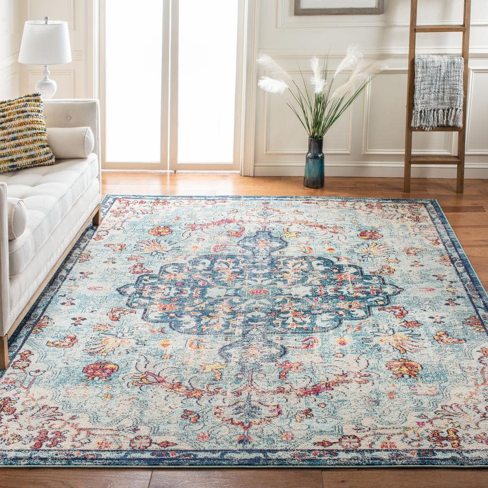 Navy and Light Blue Synthetic 11' Square Easy-Care Rug