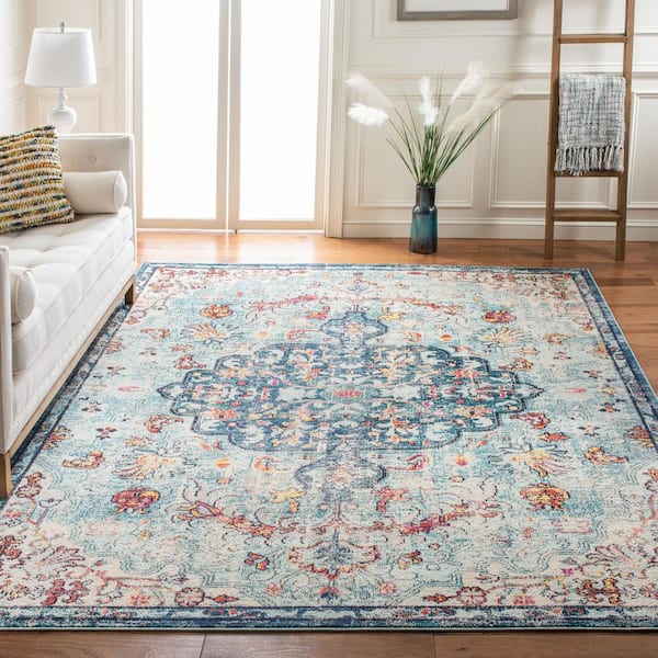Madison Navy/Light Blue 9 ft. x 9 ft. Border Geometric Floral Medallion Square Area Rug
