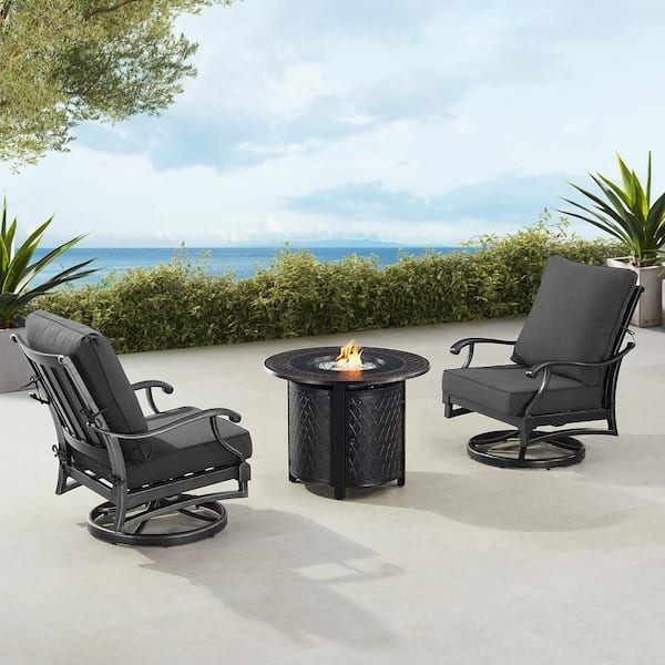 Black 5-Piece Aluminum Patio Fire Pit Set with Black Cushions