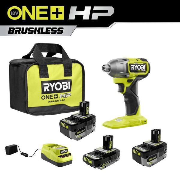 RYOBI ONE+ 18V Lithium-Ion 2.0 Ah, 4.0 Ah, and 6.0 Ah HIGH PERFORMANCE Batteries and Charger Kit w/ HP Brushless Impact Driver
